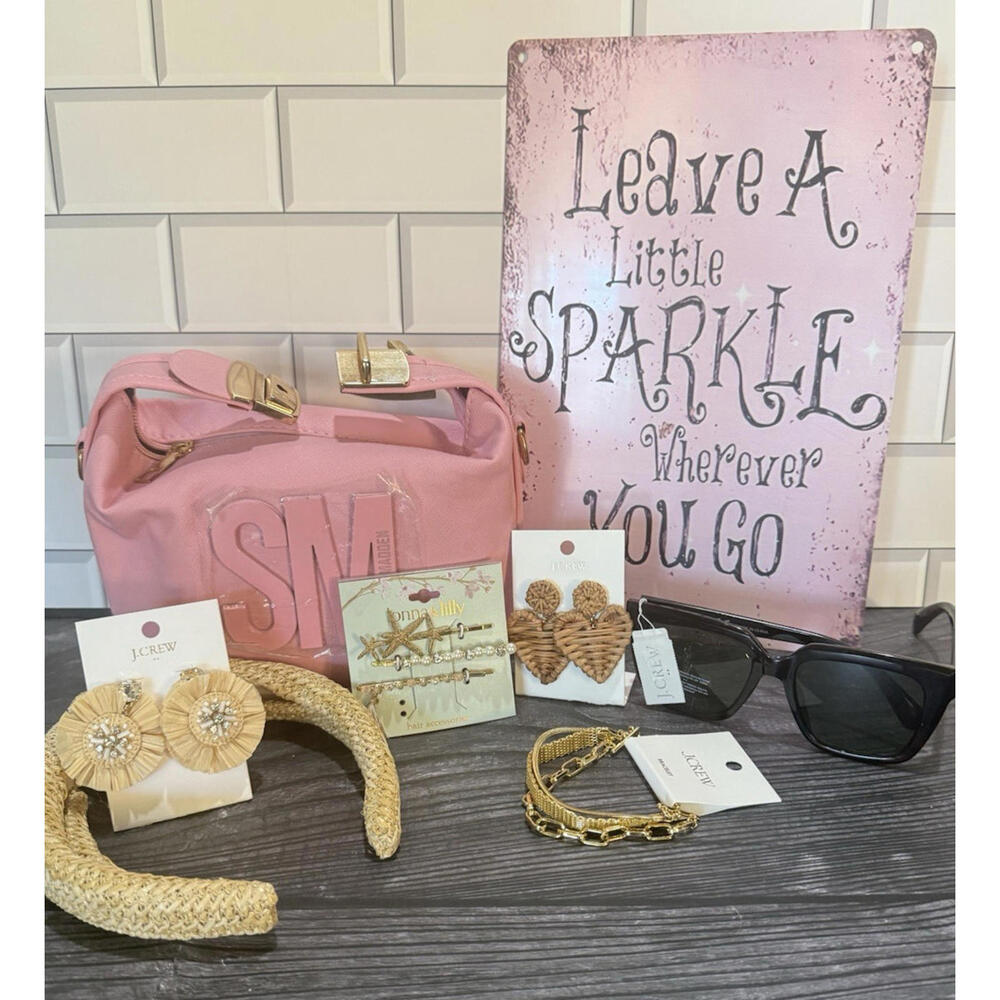 9pc Pink Summer Boho Gift Set: J.Crew Jewelry & Sunglasses, SM Puffer Bag